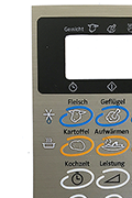 konturengeschnittener Aufkleber für Gerätegehäuse, gedruckt auf Edelstahleffektfolie, weiß unterlegtes Tastaturenfeld